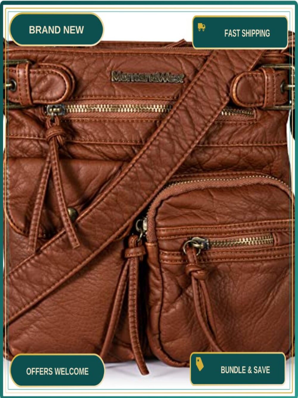 Washed PU Leather Crossbody Bag Multi Pocket Vintage Western Purse